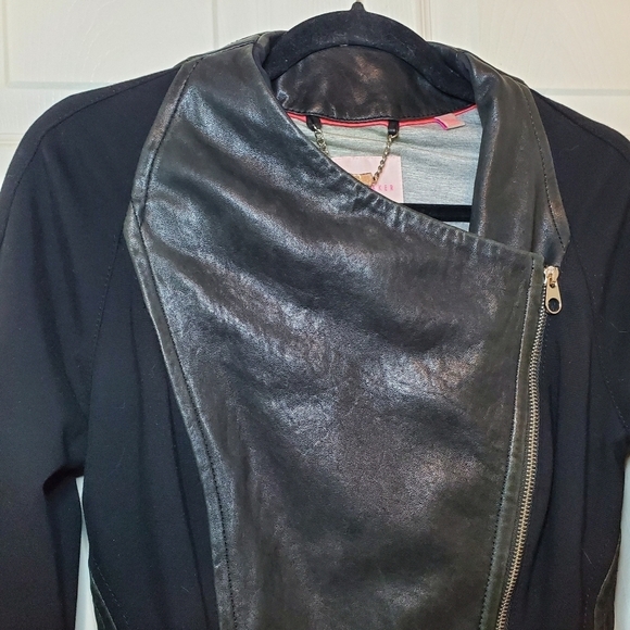 TED BAKER Black Leather Blend Moto Zip Collar Women Motocycle Jacket Sz 4 - Picture 2 of 16